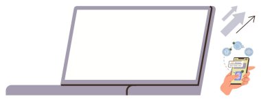 Bilgisayarı ve akıllı telefonu aç, uygulama simgelerini göster ve bildirim baloncuklarını göster, dijital bağlantıyı vurgula. Teknoloji için ideal, çevrimiçi iş, uygulama tanıtımı, iletişim, bulut paylaşımı