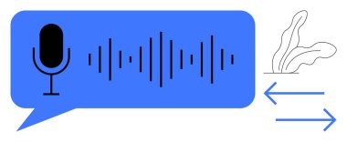 Konuşma baloncuklu oklardaki ses dalgalarıyla etkileşim ve tepkiyi gösteren mikrofon. İletişim için ideal, ses teknolojisi, yapay zeka, yenilik, etkileşim, ses analizi, basitlik. Temiz daire