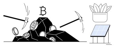 Kayalardan bitmadeni para çıkaran kazmalar, enerji üreten güneş paneli ve sürdürülebilirliği sembolize eden bir bitki. Kripto para birimi, engelleme zinciri, çevre dostu teknoloji, enerji, madencilik, dijital
