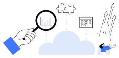El ele tutuşan büyüteç büyüme grafiği, bulut birleştiren bulmaca, takvim, trendler. Megafonlu kadın. Veri analizi, takım çalışması, iş dünyası, strateji iletişimi için ideal