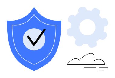 İşaretli mavi kalkan, beyaz dişli sembolik ayarlar ve basit bir bulut. Güvenlik, teknoloji, bulut depolama, siber güvenlik, ayarlar, altyapı, basit düz metafor için ideal
