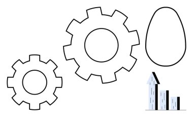 Birbirine kenetlenmiş iki vites, soyut bir yumurta şekli ve takım çalışmasını, yeniliği, gelişimi, verimliliği, problem çözmeyi, büyümeyi ve basit bir iniş sayfasını temsil eden büyüyen bir bar grafiği.