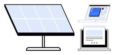 Dijital arayüzleri gösteren iki dizüstü bilgisayarın yanında güneş paneli. Sürdürülebilir enerji, teknoloji kullanımı, yenilik, çevre dostu, çevrimiçi araçlar, temiz güç, akıllı çözümler için idealdir. Basit düz