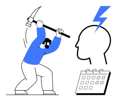 Fikirlere doğru bireysel sallanan kazma, ilham için yıldırımlı kafa, planı sembolize eden takvim. Yaratıcılık, yenilik, strateji, üretkenlik, beyin fırtınası, planlama için ideal