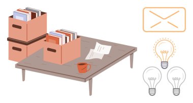 İçinde karton kutular, kitaplar, kahve fincanı ve ampul ikonları ve zarfın yanında kağıtlar olan ahşap masa. Organizasyon, üretkenlik, yaratıcılık, beyin fırtınası, eğitim için ideal