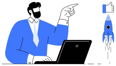 Masada dizüstü bilgisayarı olan, önünü gösteren, başparmağını kaldıran ve ilerlemeyi simgeleyen kişi. Liderlik için ideal, takım çalışması, iş büyümesi, başarı yenilik girişimleri planlama. Düz metafor