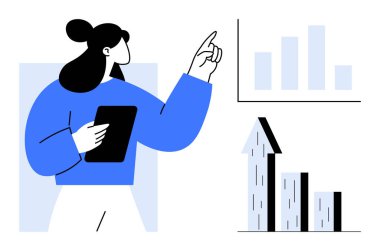 Elinde tablet tutan kadın, büyüme ve analizi gösteren tabletlere işaret ediyor. İş, analiz, pazarlama, veri sunumu, başarı, strateji, basit iniş sayfası için ideal