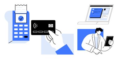 Faturalı ödeme terminali, elinde irtibatsız ödeme kartı tablet kullanan kişi, çevrimiçi işlem penceresi. Finans, e-ticaret, dijital güvenlik, müşteri hizmetleri, ödeme çözümleri için ideal