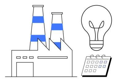 İki bacası olan fabrika binası, fikirleri simgeleyen bir ampul ve bir takvim. Sanayi, yenilik, enerji, imalat, sürdürülebilirlik iş kavramları için idealdir. Modern basit