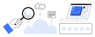 Büyüteç bulut verilerini, bulmaca parçalarını, takvimi, dijital arayüzlü dizüstü bilgisayarı ve yıldız derecesini araştırıyor. Veri analizi, bulut hesaplaması, proje planlaması ve takım işbirliği için ideal