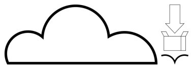 Aşağıya doğru ok atarak kutuyu gösteren bulut çizgisi, veri indirmeyi sembolize ediyor. Teknoloji, yedekleme, depolama, bulut hesaplama, veri transferi, dijital güvenlik, basit düz metafor