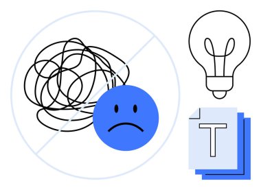 Karmaşık suratlı, üzgün yüzlü, fikirleri sembolize eden ampul ve organize belgeleri olan bir kavram. Problem çözme, beyin fırtınası, berraklık, organizasyon, yenilik, zihinsel sağlık sade iniş için ideal