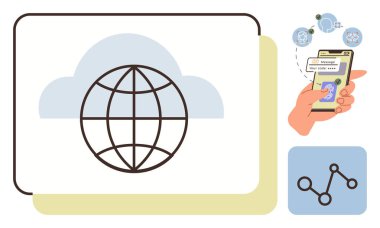Veri paylaşım simgeleriyle bulut ve dünya bağlantısı ve akıllı telefon etkileşimi dijital iletişimi sembolize ediyor. Küresel ağ, uzaktan erişim, teknoloji, yenilik ve internet için ideal