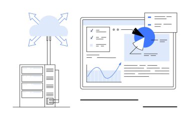 Bulut ağına ve grafiklerle analitik gösterge paneline bağlı bir sunucu. Teknoloji, bulut hizmetleri, veri yönetimi, analitik, bilişim çözümleri, yenilik, basit iniş sayfası için ideal