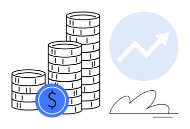 Mavi bir dairede yukarı bakan bir okun yanına istiflenmiş bozuk paralar. Finans, yatırım, kâr, büyüme, ekonomi, başarı ve pazarlama için ideal. Minimalist basit düz metafor