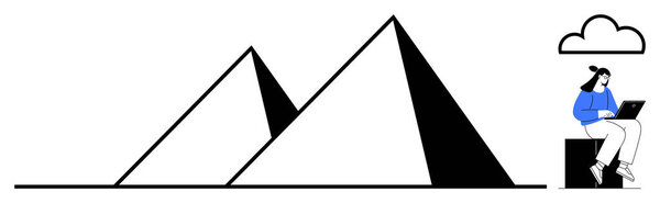 Женщина на ноутбуке сидит рядом с большими пирамидами под простым облаком. Идеально подходит для удаленной работы, путешествий, цифрового образа жизни, минимализма, технологий, чудес или плоской метафоры