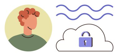 Üzerinde asma kilit sembolü ve veri dalgaları olan bir bulutun yanında kıvırcık saçlı şahıs profili. Konseptler için ideal veri güvenliği, bulut depolama, mahremiyet, kişisel bilgi, dijital