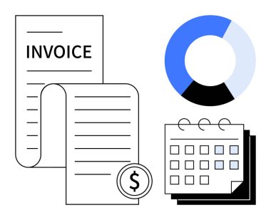 Dolar sembollü fatura, zaman çizelgesi ve veri analizi için pasta grafiği. Muhasebe, fatura, finans, iş, organizasyon zaman yönetimi raporları için idealdir. Basit düz metafor