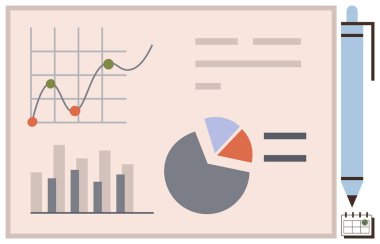 Çizgi grafiği, pasta tablosu, bar tablosu, kalem ve takvim veri analizi, raporlama ve planlamayı temsil ediyor. İş stratejisi ve istatistik sunumları için ideal karar verme eğitimi ilerlemesi