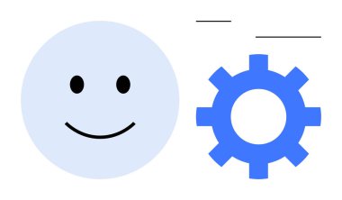 Üzerinde yüzen çizgiler olan mavi dişli bir sembolün yanında minimalist mutlu yüz. Üretkenlik, takım çalışması, teknoloji, yenilik, duygu, motivasyon ve kullanıcı deneyimi için idealdir. Basit düz metafor