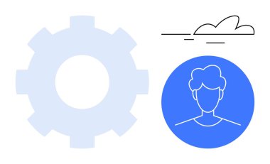 Vites sembolü, mavi dairedeki kullanıcı avatarı, minimum bulut çizgileri. Teknoloji, işbirliği, iş akışı, verimlilik, kullanıcı profili yeniliği bulut hesaplaması için ideal. Basit düz metafor