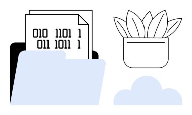Open folder containing binary code documents, potted plant, and cloud graphic. Ideal for data storage, coding, eco-friendly tech, cloud computing, organization, digital archiving simple flat clipart svg vector 