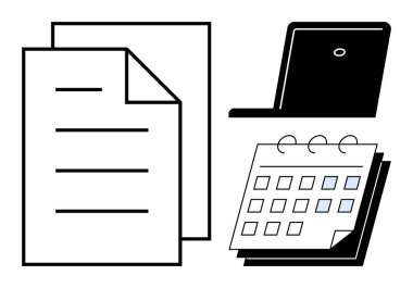 Belgeler, açık dizüstü bilgisayar ve aylık takvim görev planlama, dijital iletişim, zaman yönetimi anlamına gelir. Üretkenlik, organizasyon, iş ve verimlilik için ideal