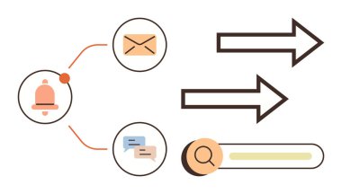 Bildirimler, e-postalar, konuşma baloncukları, seyir okları ve arama çubuğu iletişimi, uyarıları ve yönü temsil ediyor. İş akışı ve yazışma bildirimleri için ideal arama araçlarıName