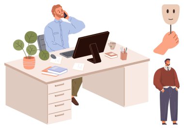 Telefondaki adam bilgisayar, bitki ve kitaplarla maske ve tesadüfi kişilikle çelişiyor. İş stresi, duygusal denge, kişisel kimlik, iş hayatı, ruh sağlığı için ideal