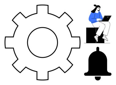 Büyük vites dişlisi, dizüstü bilgisayarda çalışan bir kadın ve uyarı zili. İş akışı, verimlilik, kişiselleştirme, bildiriler, takım çalışması otomasyon verimliliği kavramları için idealdir. Basit düz metafor