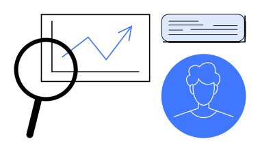 Yükselen bir grafiği inceleyen büyüteç, daire içindeki kullanıcı profili ve metin kutusu. Analiz, büyüme, araştırma, pazarlama, iş teknolojisi eğitimi için ideal. Basit düz metafor
