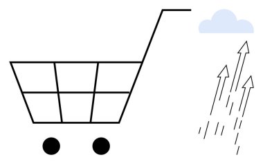 Yukarıdaki oklar ve bir bulutun yanında alışveriş arabası. Büyüme, ekomünikasyon, ilerleme, sürdürülebilirlik, kâr, ekonomi ve tüketici davranışları için ideal. Basit düz metafor