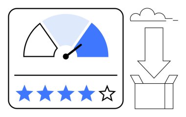 Yüksek, beş yıldızlı derecelendirme ölçeği, aşağı ok, açık kutu ve minimum bulut olan bir iğne. Müşteri geribildirim, değerlendirme, performans kalitesi tatmini için ideal