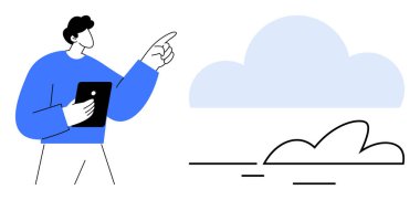 Bir tablet tutan ve bulut grafiğini gösteren, bulut hesaplamasını, çevrimiçi depolamayı ve veri paylaşımını sembolize eden genç bir adam. Yenilik, teknoloji, veri güvenliği, takım çalışması, analiz için ideal