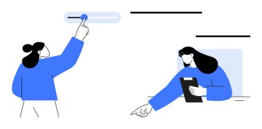 Görev yönetiminde olan iki kişi bir dokunmatik ekranla etkileşime girerken, diğeri bir pano ile görüşüyor, organizasyon, işbirliği, üretkenlik, takım çalışması, iletişim, odaklanmayı vurguluyor.
