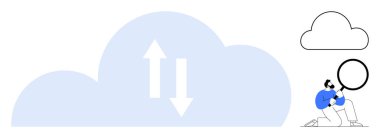 Veri transferini temsil eden çift yönlü okları olan büyük bir bulut ve büyüteçle kontrol eden bir kullanıcı. Teknoloji, veri depolama, analiz, yenilik, internet, bilgi, basit