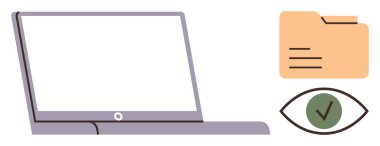 Bilgisayarı, belge klasörünü, güvenli görüntüleme için işaretli gözü aç. Gizlilik için ideal, siber güvenlik, dosya paylaşımı, teknoloji, dijital yönetim, çevrimiçi güvenlik basit düz metaforu