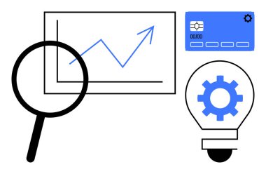 Yükselen grafiği analiz eden büyüteç, kredi kartı ikonu ve içinde ekipman olan ampul. İş, analitik, yenilik, finans, araştırma stratejisi girişimciliği için idealdir. Basit düz