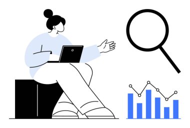 Dizüstü bilgisayarlı bir kadın büyüteç ve yükselen bar grafiğine el kol hareketi yapıyor. Araştırma, analitik, strateji, eğitim, veri madenciliği, sorun çözme, takım çalışması, basit düz metafor için ideal