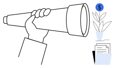 El ele tutuşan teleskop dolar işareti ve dokümanlarla filizlenen bitkilere odaklanıyor. Yatırım, finans, büyüme, planlama, strateji, fırsat ve ilerleme temaları için ideal. Basit bir daire.