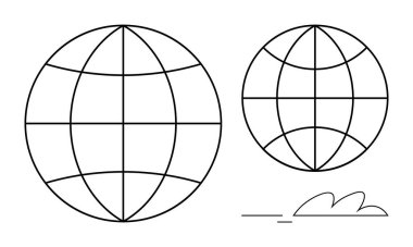 İki şebeke desenli küre, biri daha büyük, minimal dizayn çizgileri ve kıvrımlarla eşleştirilmiş. Küresel bağlantı, iletişim, teknoloji, ağ, coğrafya, yenilik için ideal basit düz metafor
