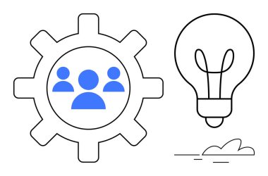 Takım çalışmasını simgeleyen takım simgelerine sahip dişliler, yenilik ve yaratıcılığı sembolize eden bir ampulün yanında. Takım çalışması, yenilik, beyin fırtınası, problem çözme, liderlik, verimlilik için ideal