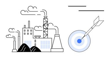 Fabrika, okla mavi bir hedefin yanında duman yayıyor. Hedefler, verimlilik, endüstri, sürdürülebilirlik, strateji, kesinlik ve üretkenlik kavramları için idealdir. Basit bir düz metafor.