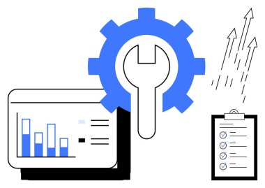 Araçlar için vites ve anahtar, veriler için bar çizelgesi, görevler için kontrol listesi ve büyüme için yükselen oklar. Strateji, gelişme, analitik, iş akışı yönetimi verimliliği için ideal. Temiz