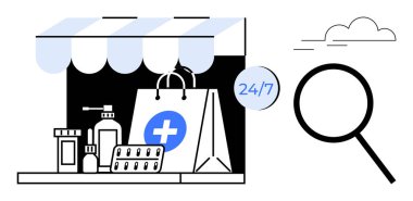 Eczane vitrinleri, içinde tıbbi haç olan alışveriş torbası, haplar, şişeler, 247 kullanılabilir, büyüteç ve minimum bulut aksanı. Sağlık ve e-ticaret tıbbı erişilebilirliği için ideal