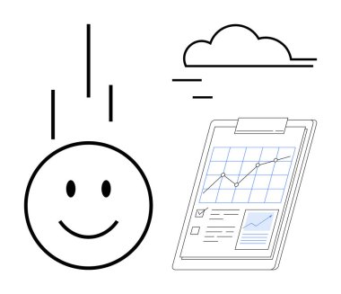 Mutlu yüz, panoda analitik ve bulutlu bir büyüme çizelgesi. Başarı, mutluluk, başarı, pozitiflik, hedef izleme, kişisel gelişim için idealdir. Basit düz metafor