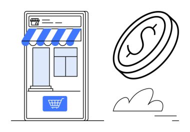 Mobil vitrinde güneşlik ve alışveriş arabası var, yüzen bir madeni paranın yanında. E-ticaret, çevrimiçi alışveriş, perakende satış motivasyonu, finansal büyüme, dijital işlemler, basit iniş sayfası için ideal