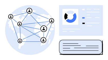 Bir dünya haritası, veri görselleştirme grafiği ve metin belgesi üzerinde insan simgeleri birbirine bağlıdır. Küresel iletişim, takım çalışması, sosyal ağlar, teknoloji, analitik, işbirliği için ideal