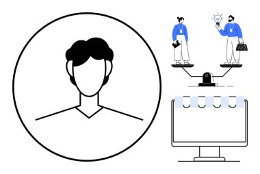 İnovasyon ve ölçekteki işi dengeleyen iki figürlü bir vesikalık. Sekmeli bir monitör dijital takım çalışmasını vurgular. Yaratıcılık, iş, işbirliği, takım çalışması, denge için ideal