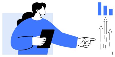 Tablet tutan kadın, yukarı doğru hareket eden oklar ve büyüme ölçüsünü andıran çizelge. Takım çalışması, liderlik, strateji, iş büyümesi, verimlilik, planlama başarısı için idealdir. Basit düz